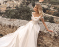 Romantic A-Line Wedding Gown, Off-Shoulder Sleeves, and a Flattering Natural Waistline for an Enchanting Bridal Look