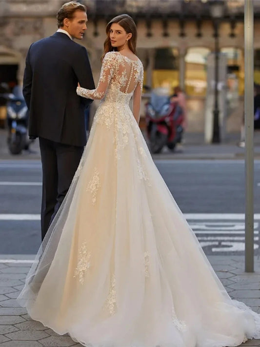 Vestidos De Novia De lujo De corte A con cuello en V para mujer, vestidos De Novia De manga larga, apliques con botones en la espalda, Vestido De Novia