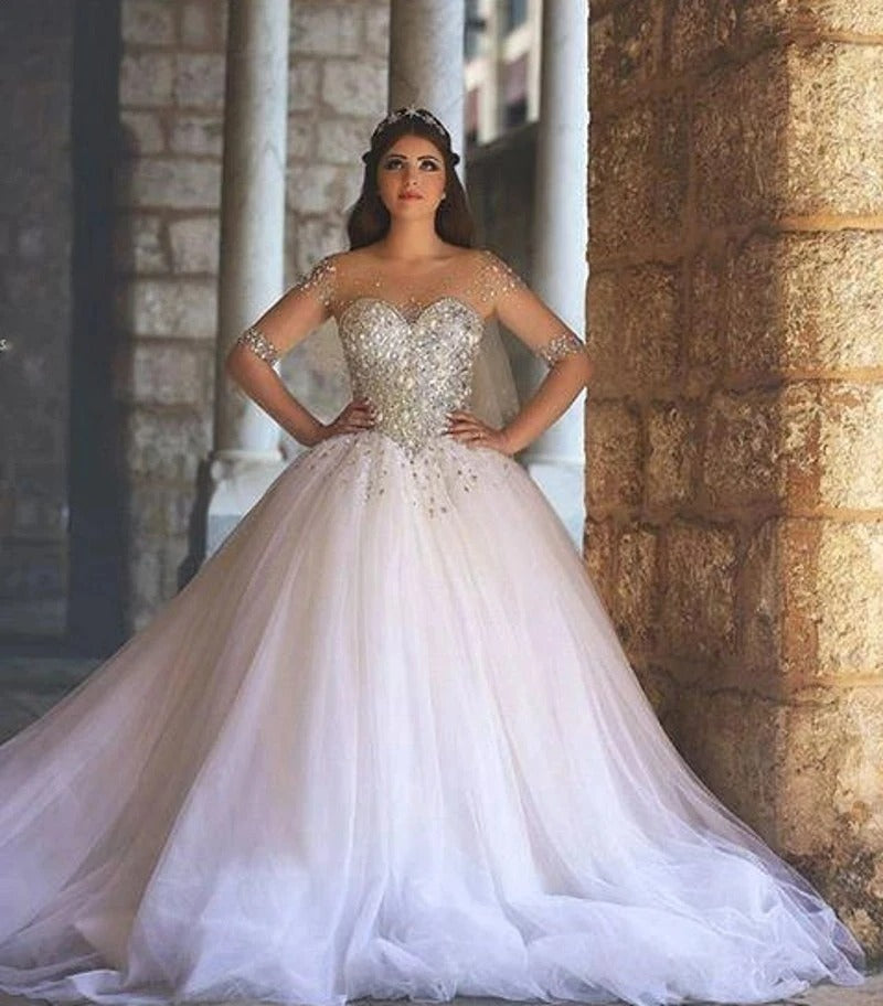 Vestidos de casamento de luxo cristal vestidos de noiva feitos sob encomenda rendas até contas puras mangas compridas cristais sem costas até o chão tule