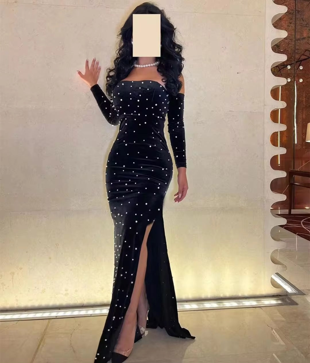 Black Mermaid Velvet Formal Evening Dresses Pearls Long Sleeves Women's Party Gowns Special Occasion Prom Dress