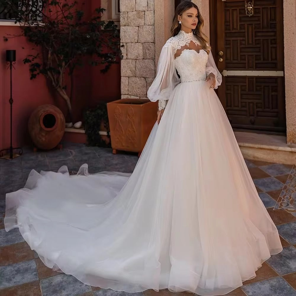 Modest High Collar Long Sleeve Wedding Dress Classic Appliques Dress For Bride Graceful A-line Long Bridal Gown Robe De Mariée