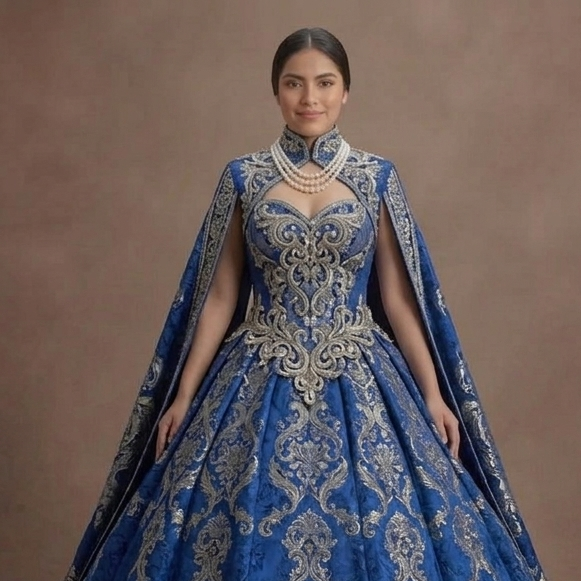 Majestic Blue Quinceañera Dress Heavy Brocade Fabric