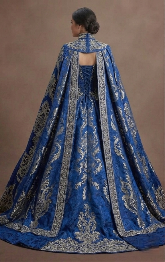 Majestic Blue Quinceañera Dress Heavy Brocade Fabric