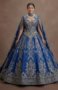 Majestic Blue Quinceañera Dress Heavy Brocade Fabric