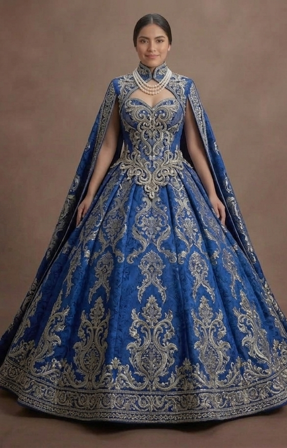 Majestic Blue Quinceañera Dress Heavy Brocade Fabric