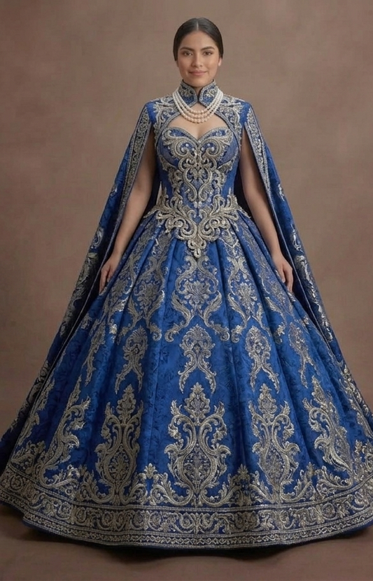 Majestic Blue Quinceañera Dress Heavy Brocade Fabric