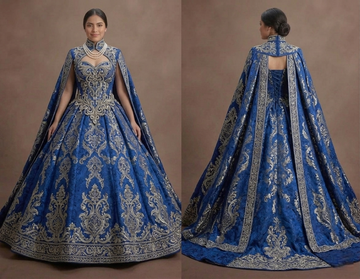 Majestic Blue Quinceañera Dress Heavy Brocade Fabric
