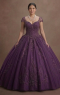 Majestic Purple Quinceañera Dress Hand-Beaded Tulle