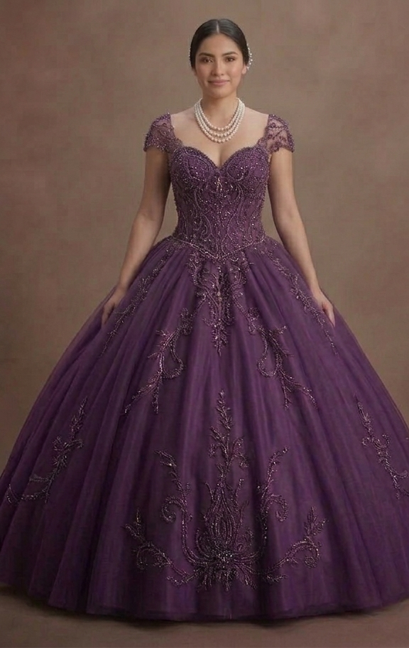 Majestic Purple Quinceañera Dress Hand-Beaded Tulle
