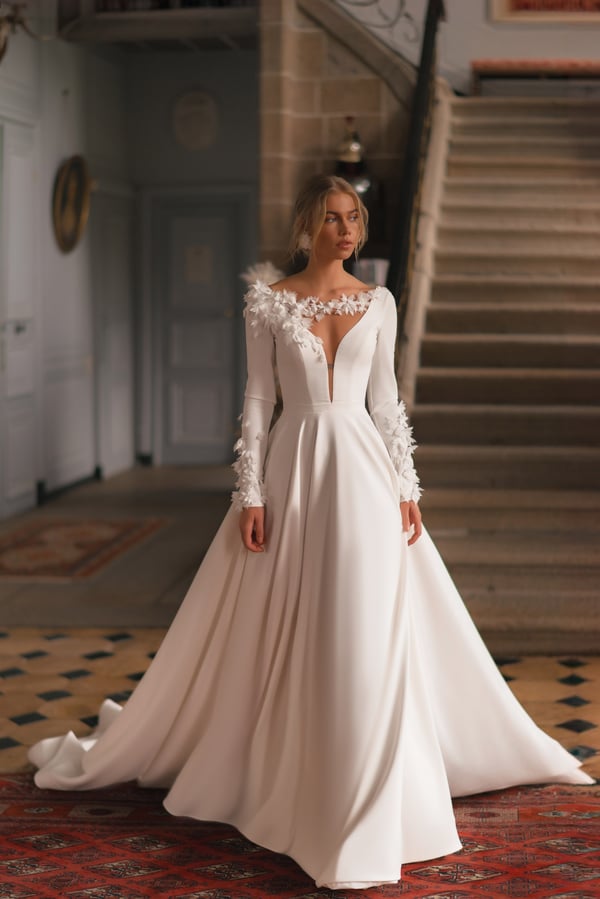 Deep V Neck Long Sleeve Crepe A Line Wedding Dress Elegant Flowers Open Floor Length Court Train Bridal Gown