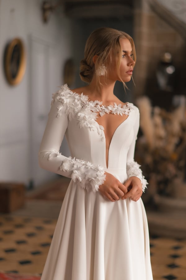 Deep V Neck Long Sleeve Crepe A Line Wedding Dress Elegant Flowers Open Floor Length Court Train Bridal Gown