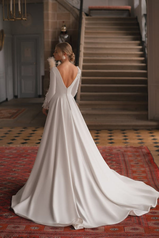 Deep V Neck Long Sleeve Crepe A Line Wedding Dress Elegant Flowers Open Floor Length Court Train Bridal Gown