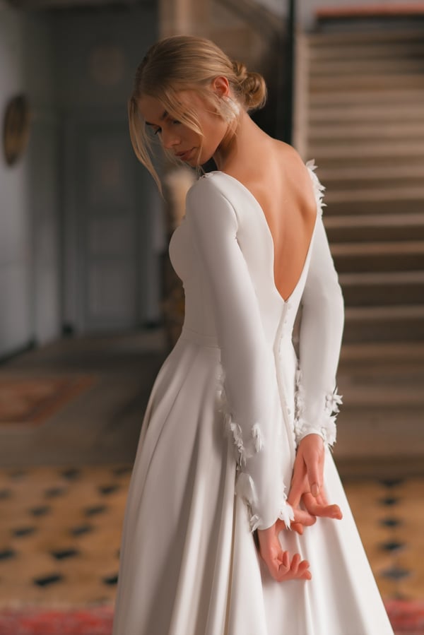 Deep V Neck Long Sleeve Crepe A Line Wedding Dress Elegant Flowers Open Floor Length Court Train Bridal Gown