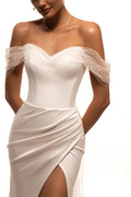 Classy Long Satin Off Shoulder Wedding Dresses with Slit Mermaid Pleated Lace Up Back Sweep Train Bridal Gowns