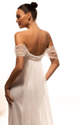 Classy Long Satin Off Shoulder Wedding Dresses with Slit Mermaid Pleated Lace Up Back Sweep Train Bridal Gowns