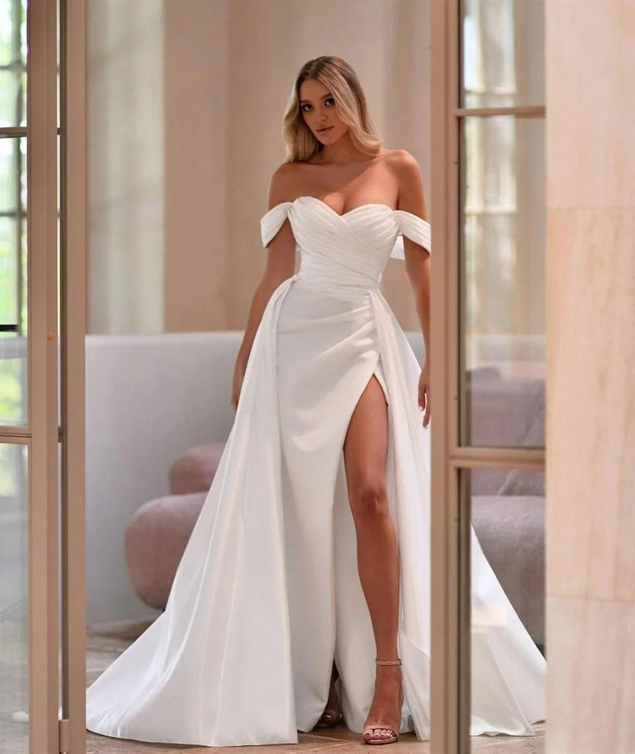 Elegante satijnen trouwjurken varen achteraan de schouder mouwloze a-line eenvoudige zijde split Vestidos de novia robe de mariée