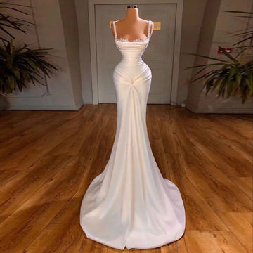 Klassisk fyrkantig halsgräs klänning romantiska pärlor brudrock elegant satin golvlängd brudklänningar vestidos de novia