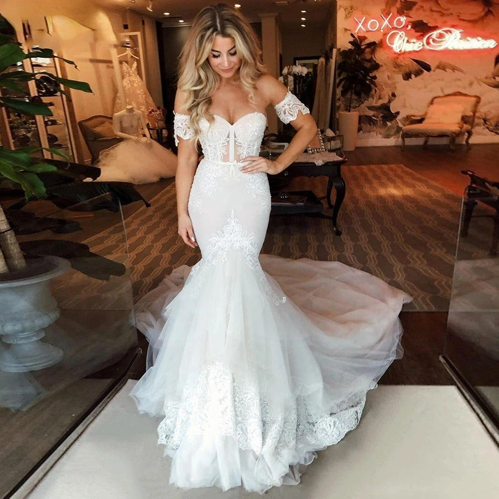 Graceful Sweetheart Mermaid Wedding Dress Boho Removable Sleeves Appliques Lace Bridal Gowns Court Train Princess Bride Dress