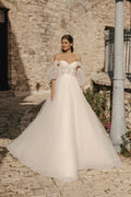 A-Line Wedding Gown with Puff Sleeves, Off-Shoulder Neckline, Glitter Embellishments, and Natural Waistline