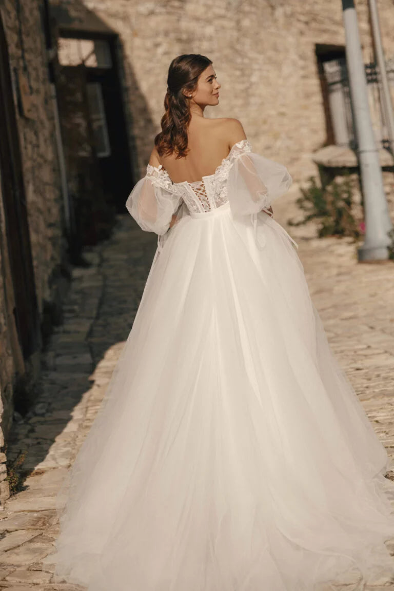 A-Line Wedding Gown with Puff Sleeves, Off-Shoulder Neckline, Glitter Embellishments, and Natural Waistline