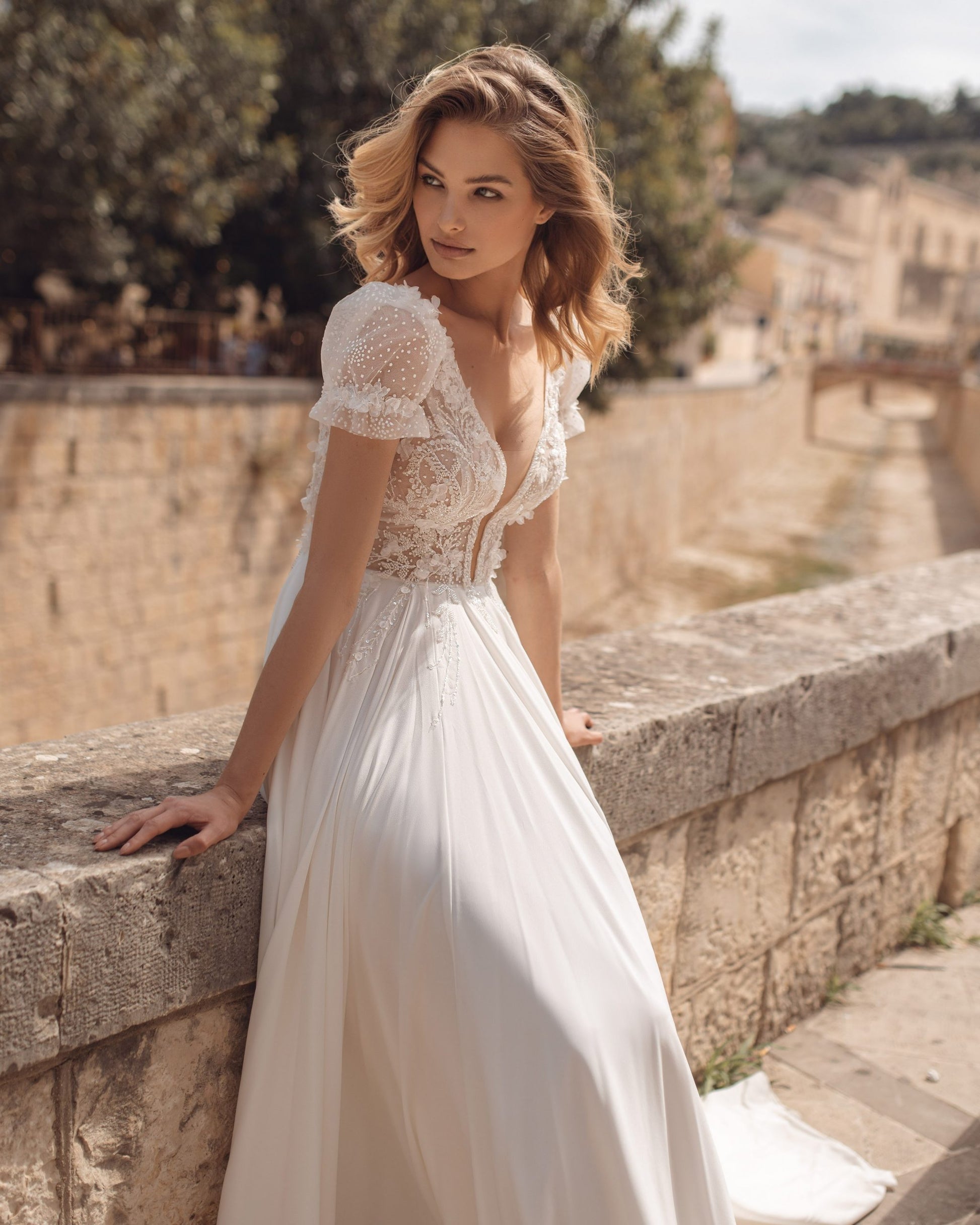 Timeless A-Line Wedding Gown, Cap Sleeves, and a Flattering V-Neckline for an Elegant and Romantic Bridal Look