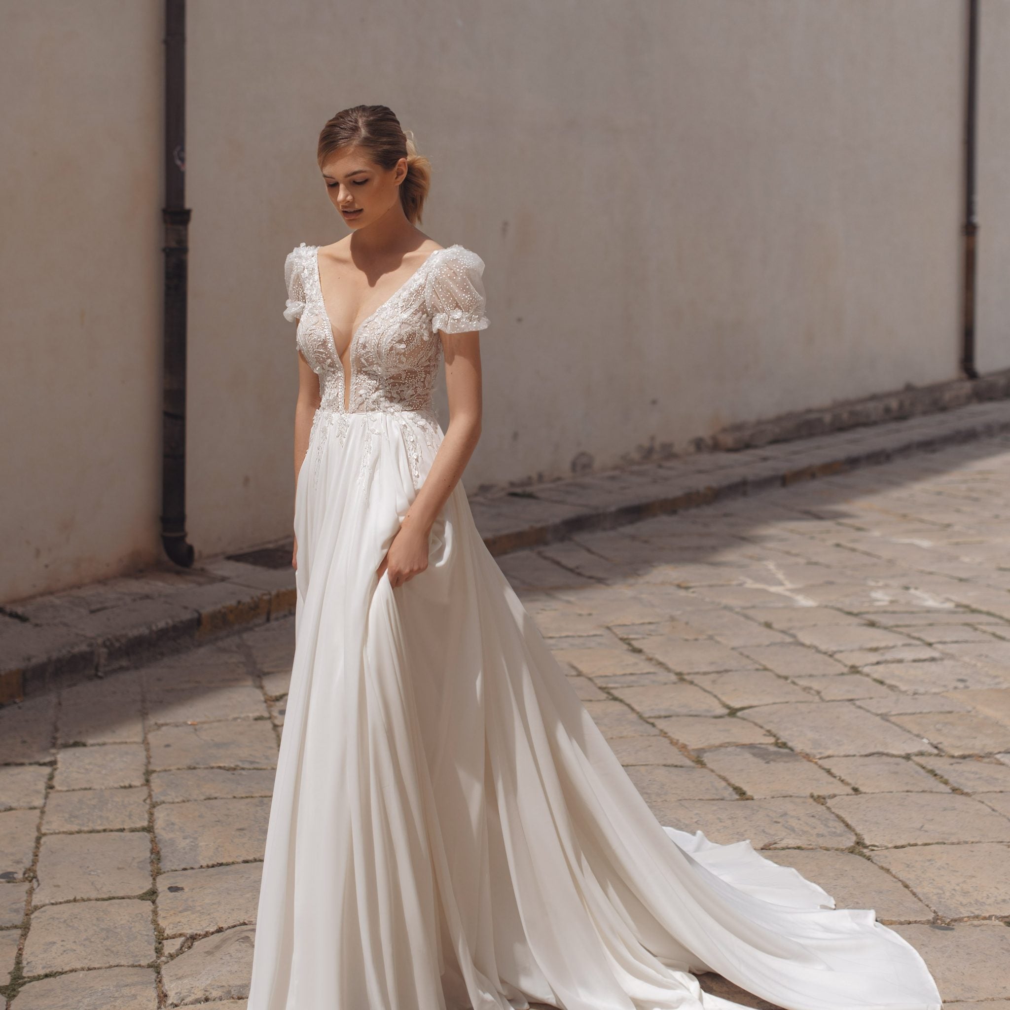 Timeless A-Line Wedding Gown, Cap Sleeves, and a Flattering V-Neckline for an Elegant and Romantic Bridal Look