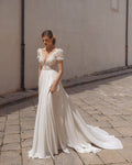 Timeless A-Line Wedding Gown, Cap Sleeves, and a Flattering V-Neckline for an Elegant and Romantic Bridal Look