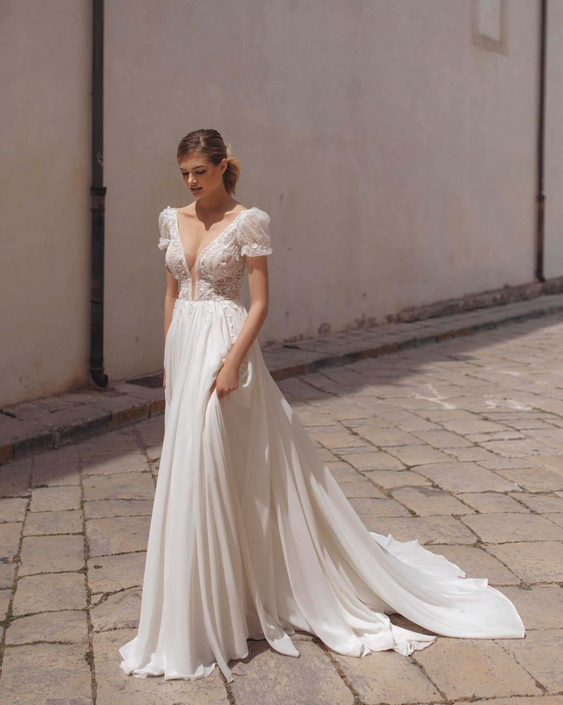 Timeless A-Line Wedding Gown, Cap Sleeves, and a Flattering V-Neckline for an Elegant and Romantic Bridal Look