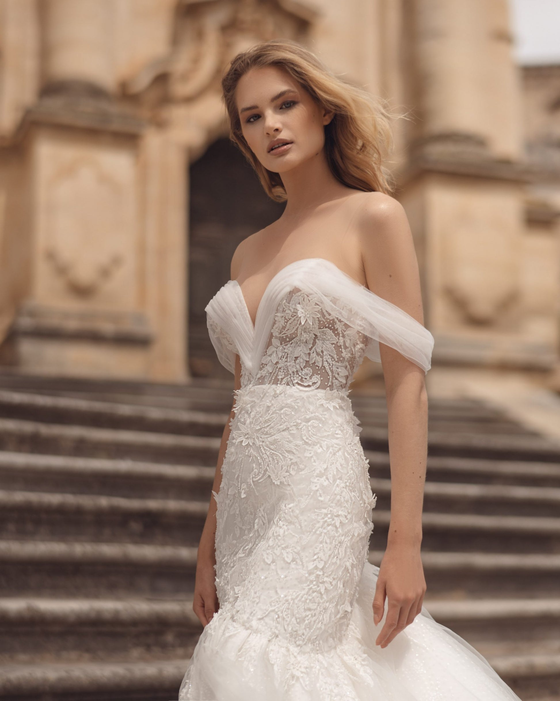 Exquisite Mermaid Wedding Gown, Off-Shoulder Neckline, and a Flattering Natural Waistline for a Glamorous and Timeless Bridal Look