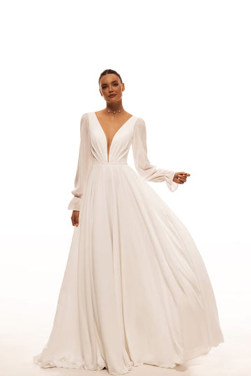 Elegant A-Line Bridal Dress with V-Neckline, Long Sleeves, and Zipper Detail