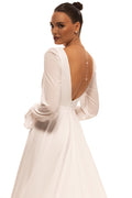 Elegant A-Line Bridal Dress with V-Neckline, Long Sleeves, and Zipper Detail