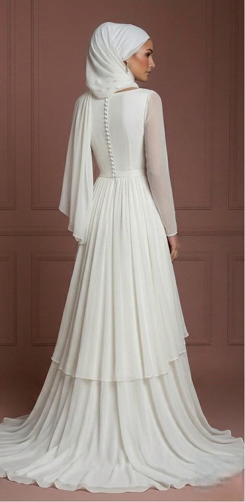 Minimalist Chiffon Wedding Dress – Ivory Muslim Bridal Gown Muslim