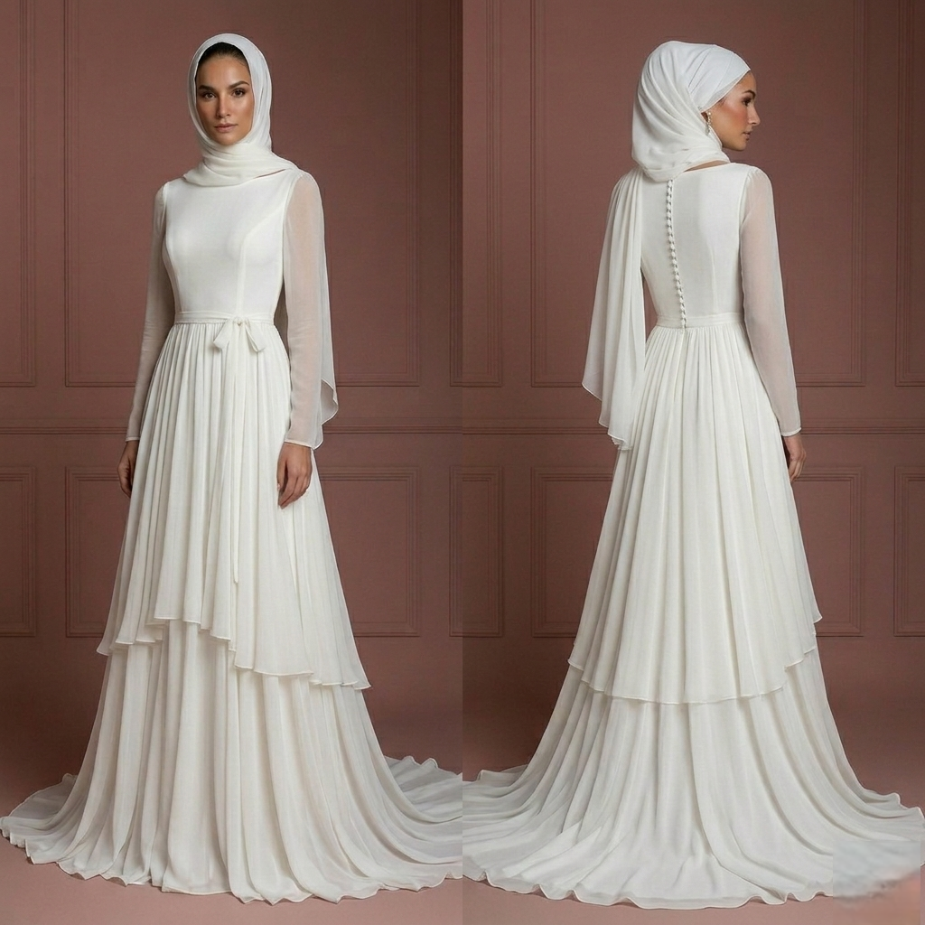Minimalist Chiffon Wedding Dress – Ivory Muslim Bridal Gown Muslim