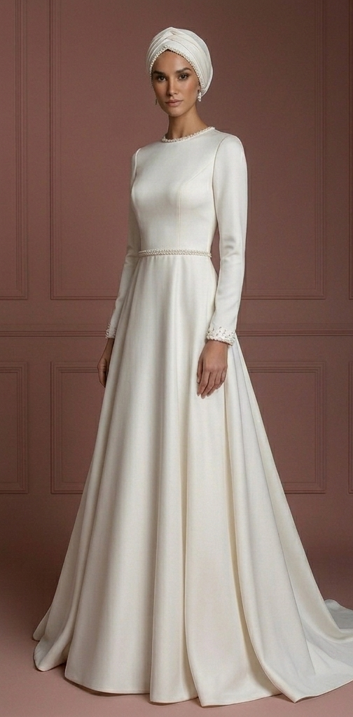 Minimalist Silk A-Line – Modest Muslim Wedding Dress for Nikah