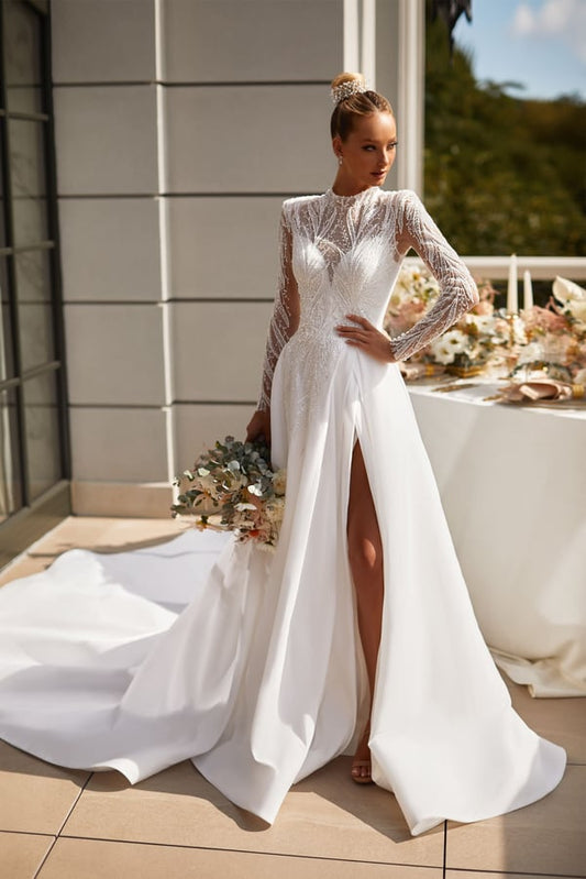 Elegant A-Line Bridal Gown with Long Sleeves, Button Embellishments, and a Natural Waistline for a Timeless Bridal Look