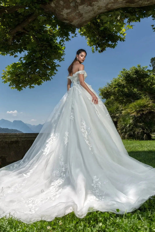 Majestic Ball Gown Wedding Dress with Off-the-Shoulder Neckline, Sparkling Beaded Lace Detailing, and a Flattering Dropped Waist for a Regal and Enchanting Bridal Look