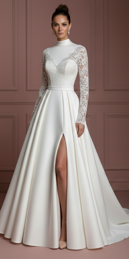 Mock Neck Sleeve Wedding Dress Modest Long High Class Gown