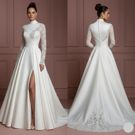 Mock Neck Sleeve Wedding Dress Modest Long High Class Gown