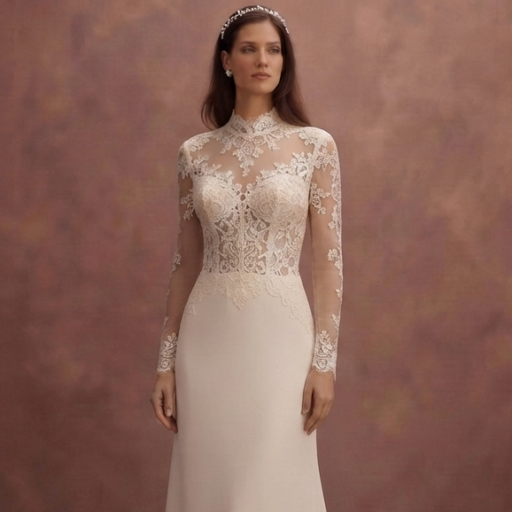 Mock Neck Wedding Dresses with Lace Sleeves