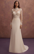 Mock Neck Wedding Dresses with Lace Sleeves