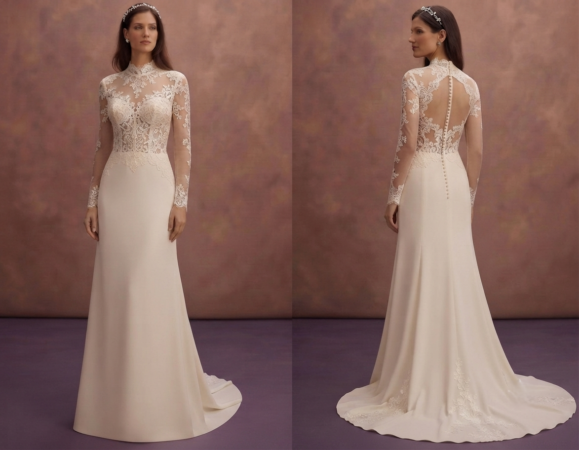 Mock Neck Wedding Dresses with Lace Sleeves