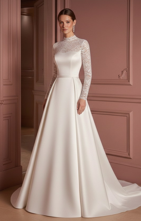 Modest High Neck Wedding Dress Long Sleeve Classic Style