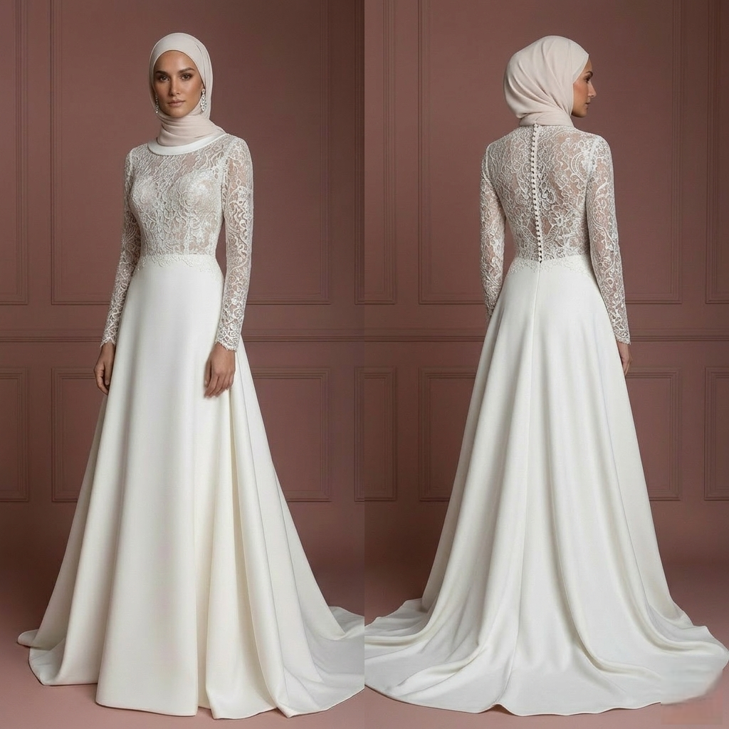 Modest Hijab Wedding Dress With Train Bridal Gown Muslim