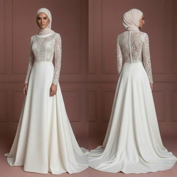 Modest Hijab Wedding Dress With Train Bridal Gown Muslim