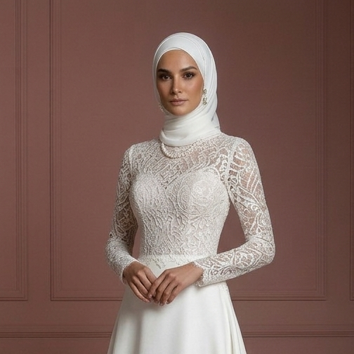 Modest Muslim Wedding Dress in Lace & Satin – Pearl White Hijab Muslim