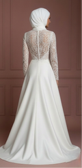 Modest Muslim Wedding Dress in Lace & Satin – Pearl White Hijab Muslim