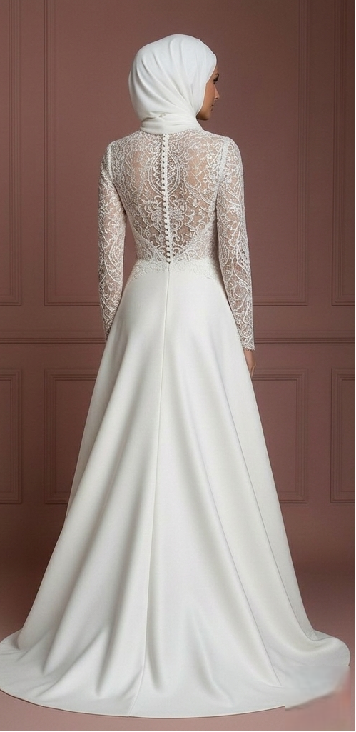 Modest Muslim Wedding Dress in Lace & Satin – Pearl White Hijab Muslim