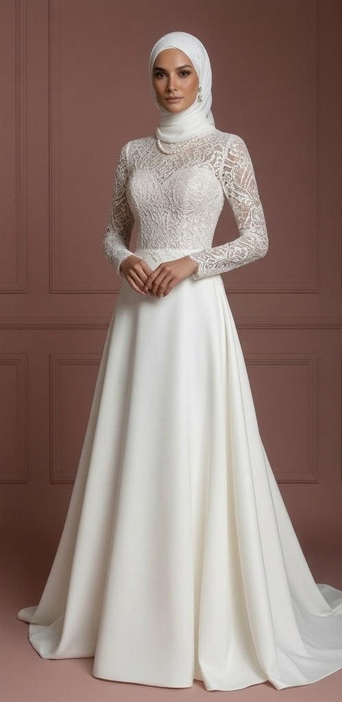 Modest Muslim Wedding Dress in Lace & Satin – Pearl White Hijab Muslim