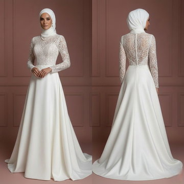Modest Muslim Wedding Dress in Lace & Satin – Pearl White Hijab Muslim