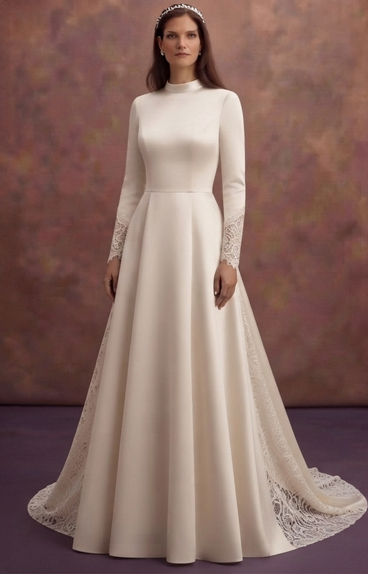 Modest Satin Wedding Dresses with Long Sleeves